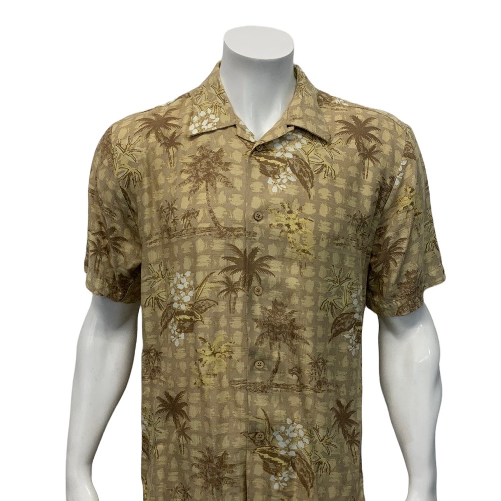 Cubavera Tan White Floral Hawaiian Camp Cuban Short Sleeve Men’s Shirt Size MD